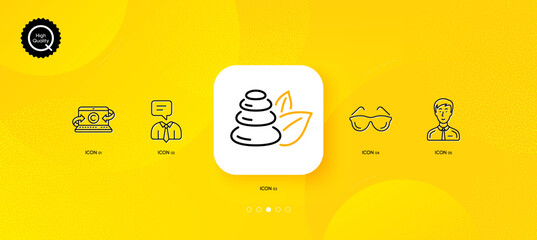 Fototapeta na wymiar Spa stones, Businessman person and Support service minimal line icons. Yellow abstract background. Eyeglasses, Copywriting notebook icons. For web, application, printing. Vector