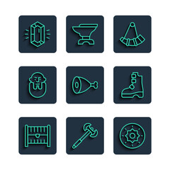 Set line Antique treasure chest, Medieval poleaxe, Shield viking, Hunting horn, Chicken leg, Viking head, Gem stone and Ancient boots icon. Vector
