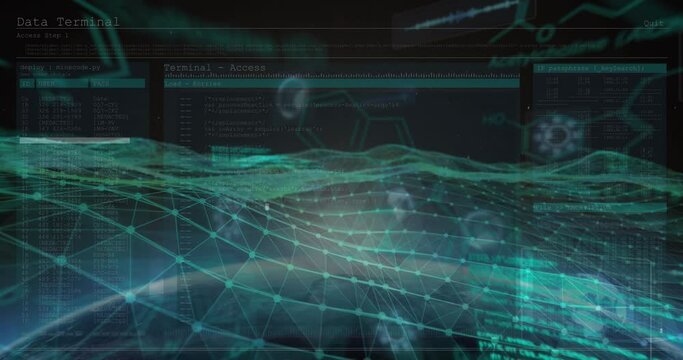 Animation of floating icons with digital wave pattern over programming language and soundwave