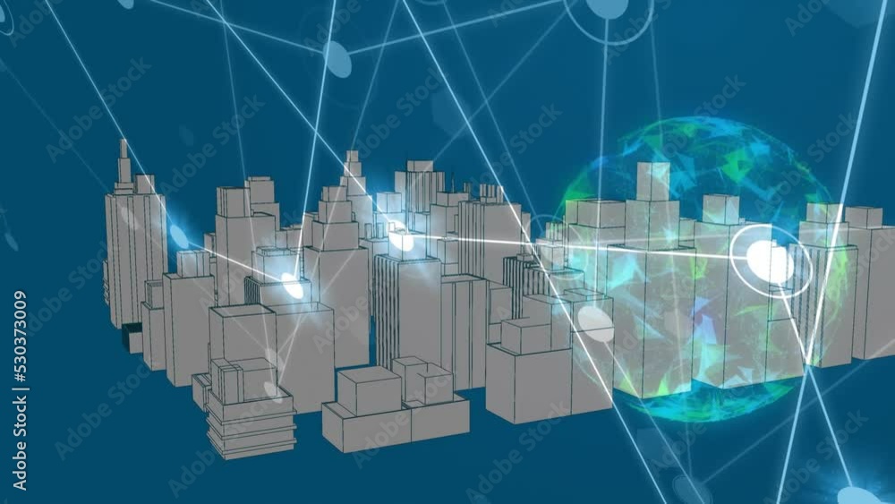Poster animation of dots connected with lines over 3d city model over digital rotating globe