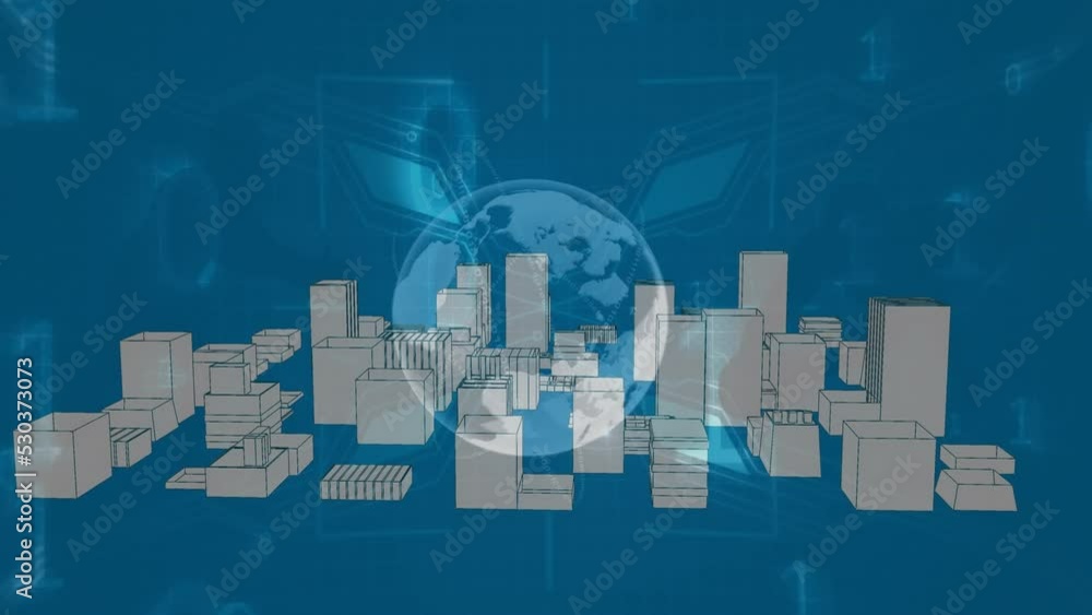 Poster animation of falling binary codes and rotating globe over blocks forming 3d model of city