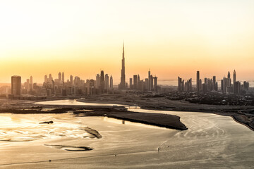 Aerial Dubai sunset a famous travel tourism destination