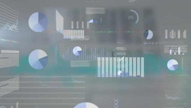 Animation of graph, circles, programming language, trading board over abstract background