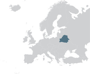 Blue Map of Belarus within gray map of European continent
