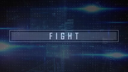 Animation of fight text, programming language and lens flare over abstract background - Powered by Adobe