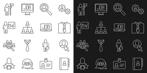 Set line Resume, Worker, Tie, Magnifying glass for search job, Employee hierarchy, Leader of team of executives, Man holding flag and Search icon. Vector