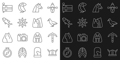 Set line Viking in horned helmet, Pickaxe, Albatross, Horse, Ship steering wheel, Fish, Flag of Iceland and Waterfall icon. Vector