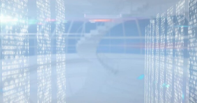Animation of servers with data processing over staircase in background