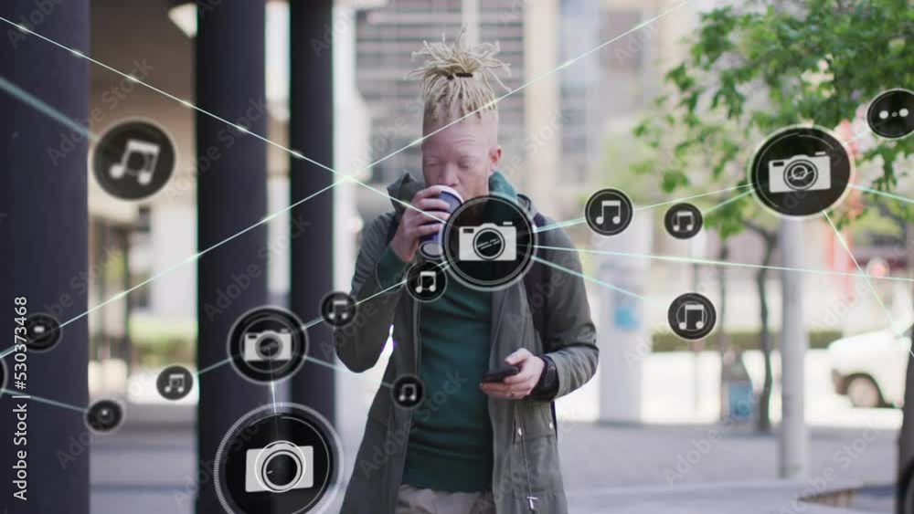 Poster animation of network of connections with camera icons over albino man using smartphone