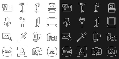 Set line Photo camera, Empty photo studio, Studio light bulb in softbox, Action extreme, mode macro, and icon. Vector