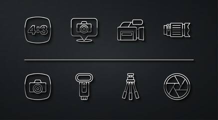 Fototapeta premium Set line Photo frame 4, camera, Camera photo lens, Tripod, flash, shutter and Cinema icon. Vector