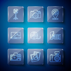 Set line Photo camera, frame, Camera shutter, Film reel, retouching, Studio light bulb softbox and icon. Vector