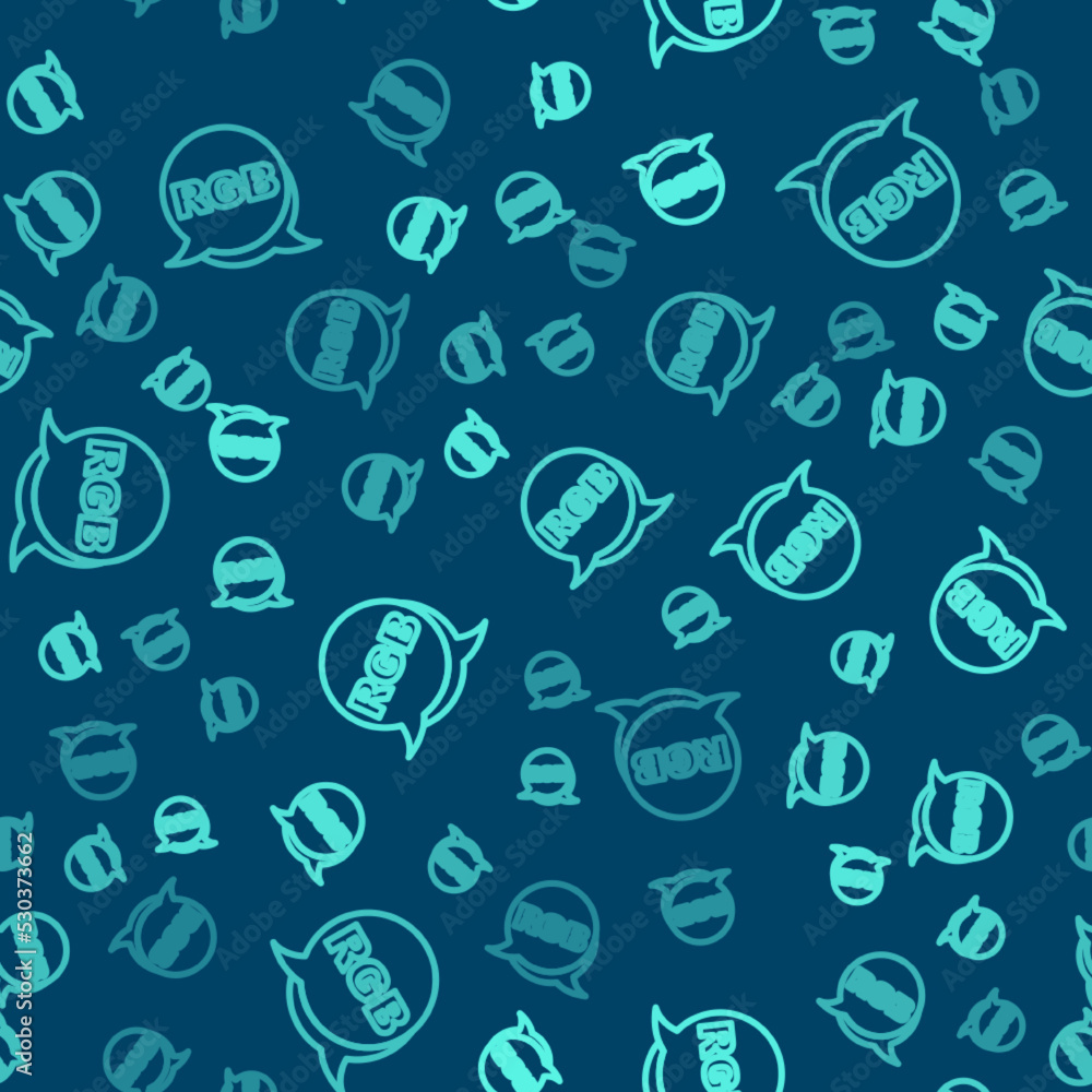 Poster green line speech bubble with rgb and cmyk color mixing icon isolated seamless pattern on blue backg