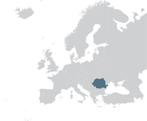 Fototapeta premium Blue Map of Romania within gray map of European continent