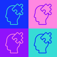 Pop art line Solution to the problem in psychology icon isolated on color background. Puzzle. Therapy for mental health. Vector