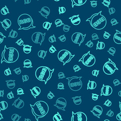 Green line Speech bubble with RGB and CMYK color mixing icon isolated seamless pattern on blue background. Vector