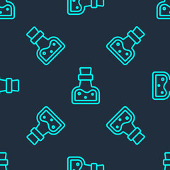 Green line Bottle with potion icon isolated seamless pattern on blue background. Flask with magic potion. Happy Halloween party. Vector