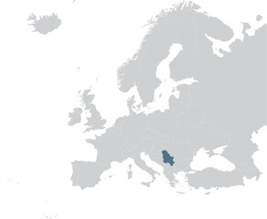 Blue Map of Serbia within gray map of European continent