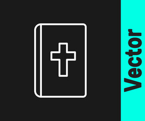 White line Holy bible book icon isolated on black background. Vector