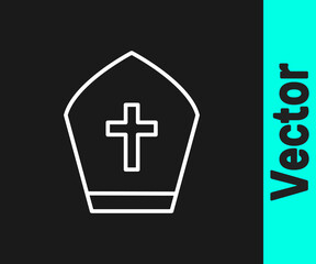 White line Pope hat icon isolated on black background. Christian hat sign. Vector