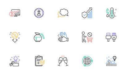 Chat message, Clapping hands and Coffeepot line icons for website, printing. Collection of Computer cables, Champagne glasses, Headhunting icons. Stop shopping, Bitcoin chart. Vector
