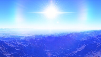 Mars like red planet, with arid landscape, rocky hills and mountains, for space exploration and science fiction backgrounds.
