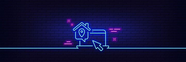 Neon light glow effect. Work at home line icon. Freelance job sign. Remote office employee symbol. 3d line neon glow icon. Brick wall banner. Work home outline. Vector