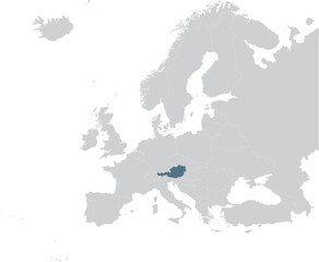 Blue Map of Austria within gray map of European continent