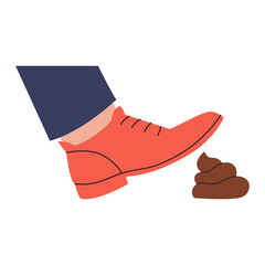 A booted foot steps on a poop. Cartoon illustration isolated on transparent background.