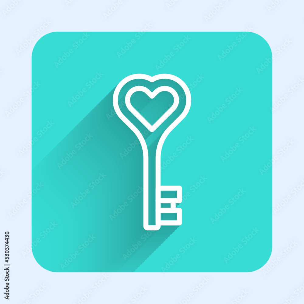Poster white line key in heart shape icon isolated with long shadow background. happy valentines day. green