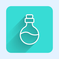 White line Bottle with love potion icon isolated with long shadow background. Happy Valentines day. Green square button. Vector