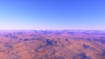 Mars like red planet, with arid landscape, rocky hills and mountains, for space exploration and science fiction backgrounds.
