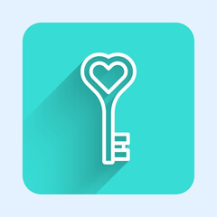 White line Key in heart shape icon isolated with long shadow background. Happy Valentines day. Green square button. Vector