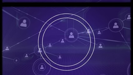 Animation of glitch effect and scope scanning over network of profile icons against blue background - Powered by Adobe
