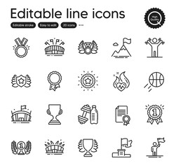 Set of Sports outline icons. Contains icons as Dumbbell, Arena and Arena stadium elements. Winner, Dumbbells workout, Laureate medal web signs. Winner flag, Leadership, Laureate elements. Vector