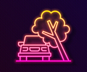 Glowing neon line Car damaged by fallen tree icon isolated on black background. Auto insurance case. Car crash with tree, road accident. Vector
