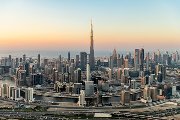 Aerial view Dubai city skyscrapers Burj Khalifa UAE