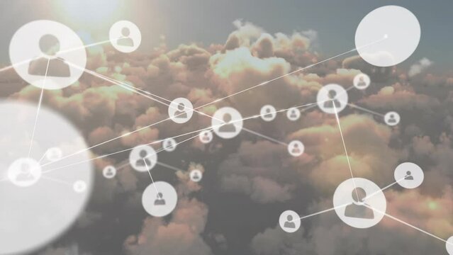 Animation of network of profile icons against clouds and sun in the sky