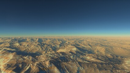 Mars like red planet, with arid landscape, rocky hills and mountains, for space exploration and science fiction backgrounds.
