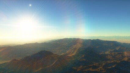 Mars like red planet, with arid landscape, rocky hills and mountains, for space exploration and science fiction backgrounds.
