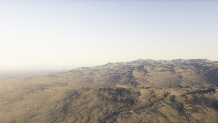 Mars like red planet, with arid landscape, rocky hills and mountains, for space exploration and science fiction backgrounds.
