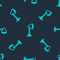 Green line Studio light bulb in softbox icon isolated seamless pattern on blue background. Shadow reflection design. Vector