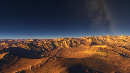 Mars like red planet, with arid landscape, rocky hills and mountains, for space exploration and science fiction backgrounds.
