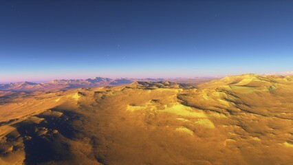 Mars like red planet, with arid landscape, rocky hills and mountains, for space exploration and science fiction backgrounds.
