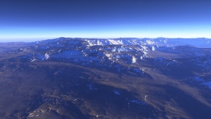 Mars like red planet, with arid landscape, rocky hills and mountains, for space exploration and science fiction backgrounds.
