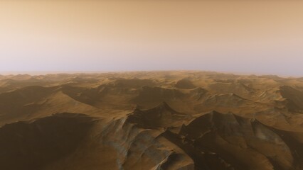 Mars like red planet, with arid landscape, rocky hills and mountains, for space exploration and science fiction backgrounds.
