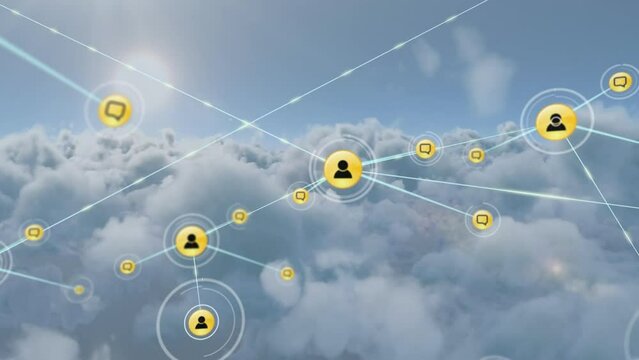 Animation of network of digital icons against clouds and sun in the sky