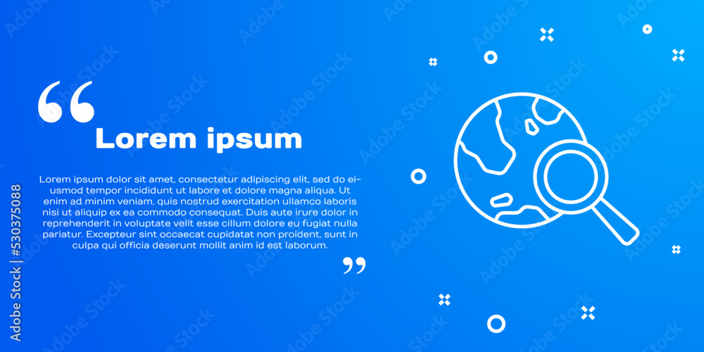 Poster white line magnifying glass with globe icon isolated on blue background. analyzing the world. global