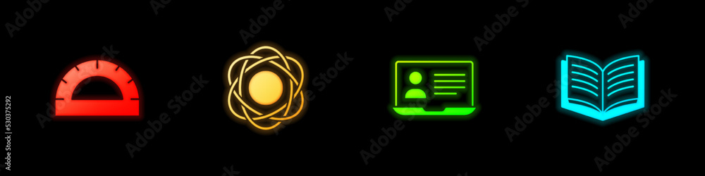 Poster set protractor grid, atom, online class and open book icon. vector