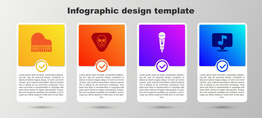 Set Grand piano, Guitar pick, Microphone and Musical note. Business infographic template. Vector